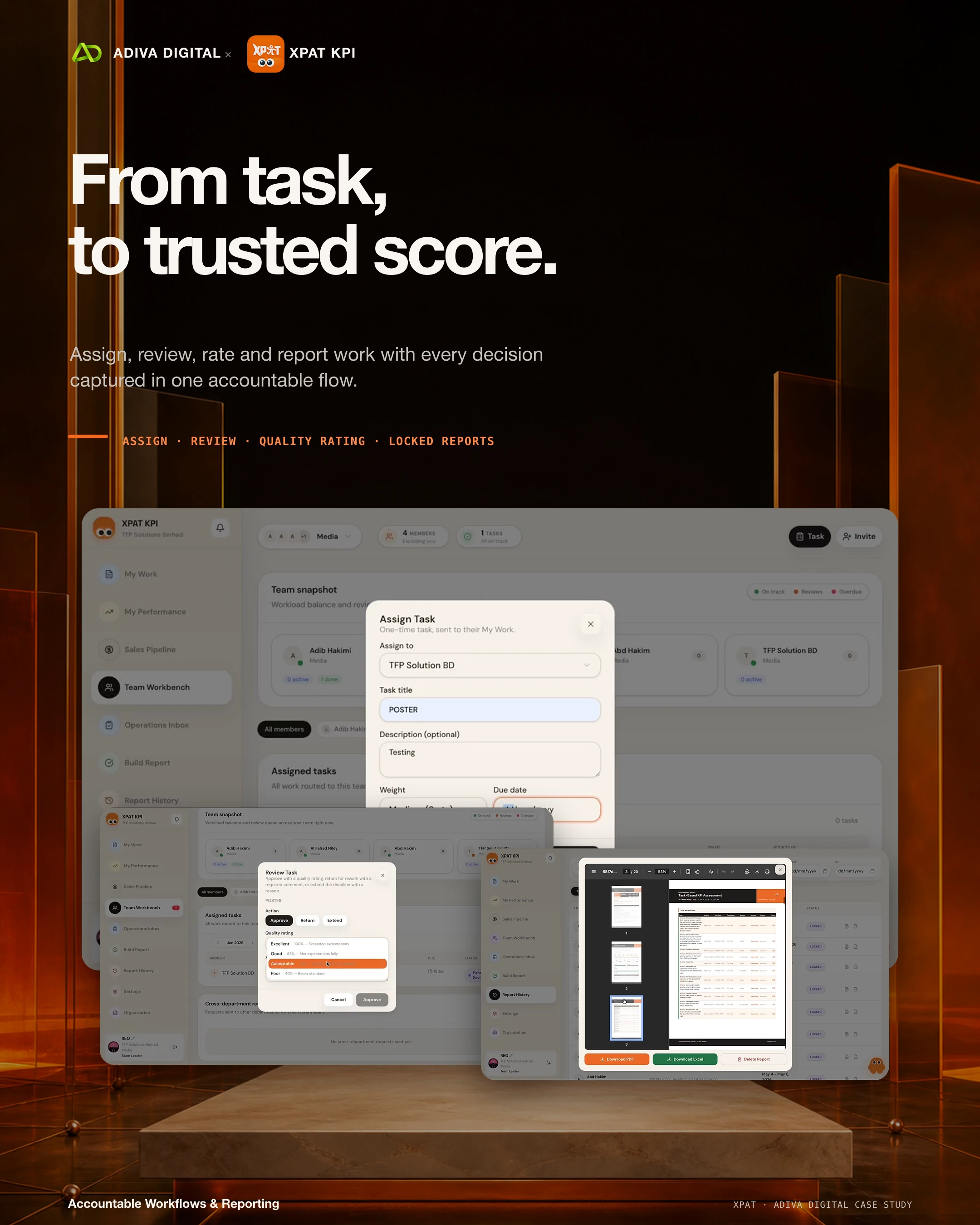 XPAT KPI case-study poster showing task assignment, quality review, and locked performance reports